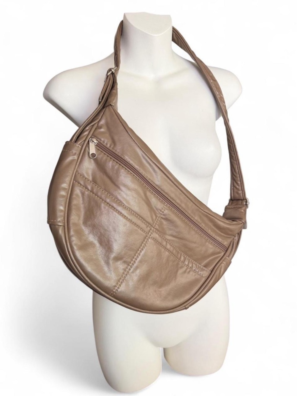 Taupe Leather Crescent Shoulder Bag - Sleek Everyday Carry